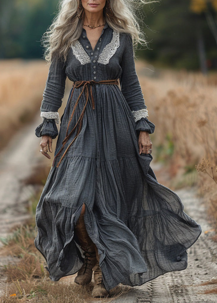 Vintage Pastoral Style Lace Patchwork Cotton Long Dresses Spring