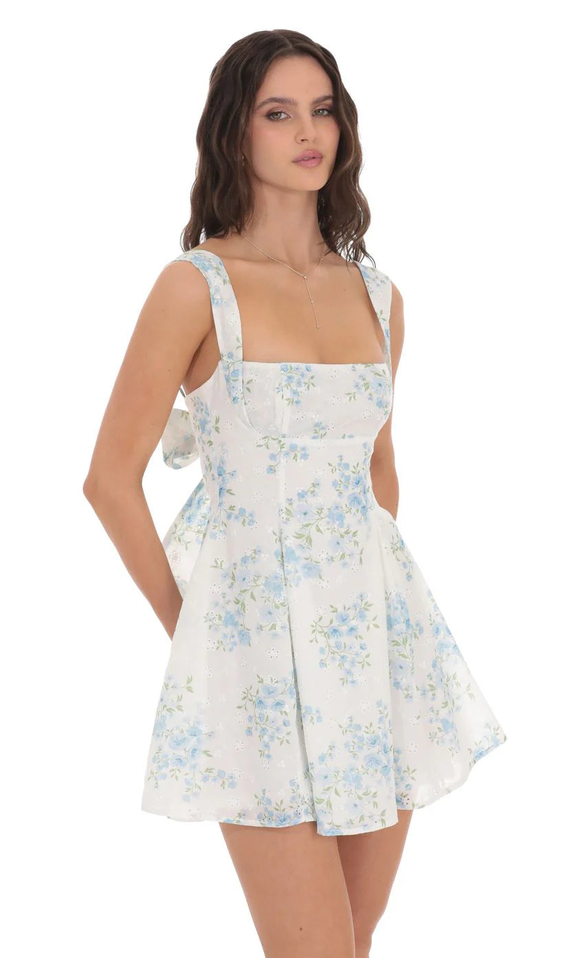 Floral Eyelet Fit and Flare Dress in White