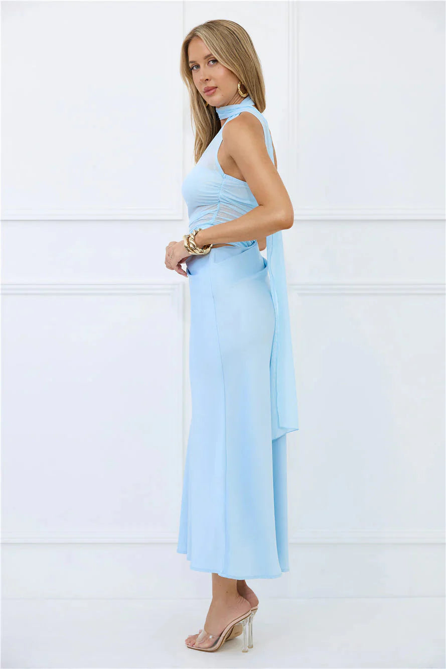 Sapphire Diva Halter Mesh Satin Maxi Dress Blue