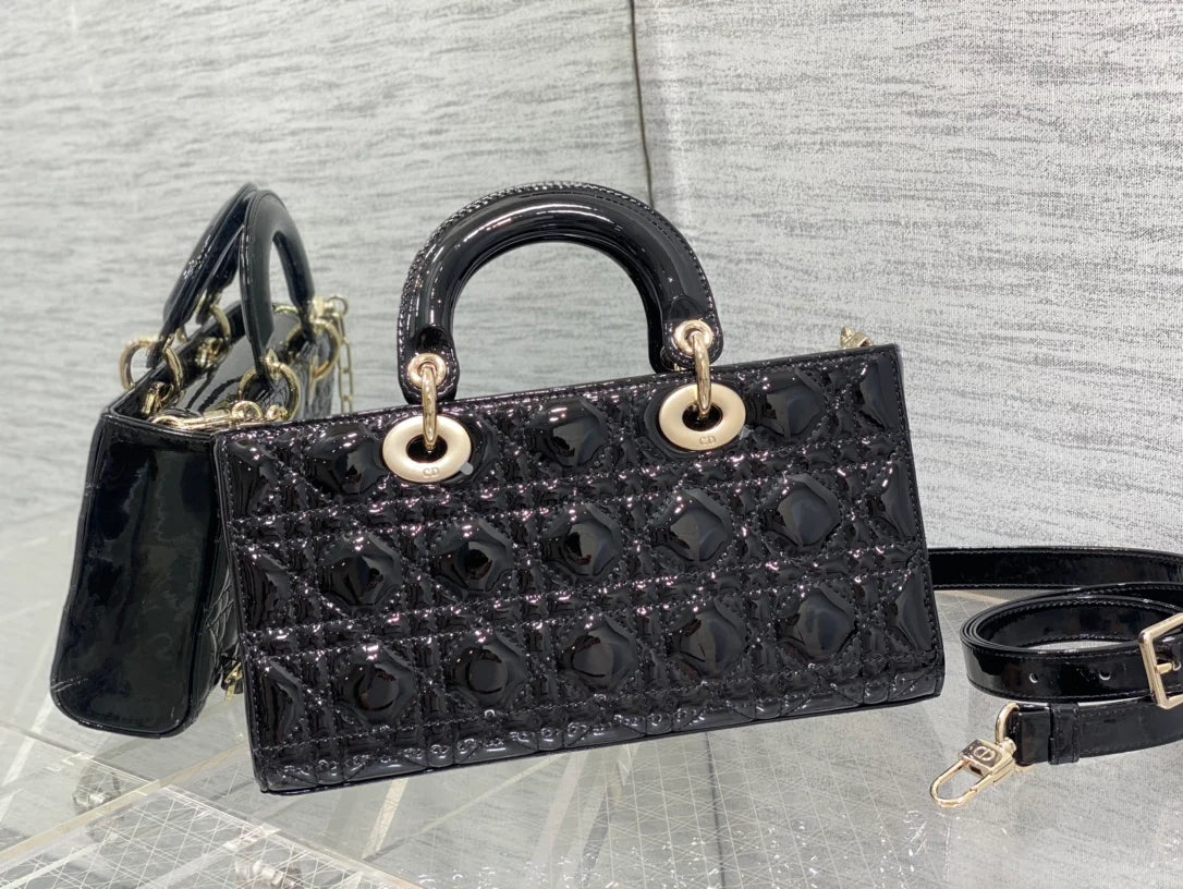 Dior Lady D-Joy Medium Patent Black Leather Bag - 26x6x14cm