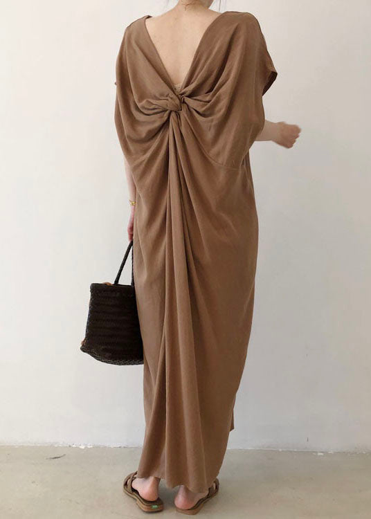 Elegant Coffee Side Open Cotton Short Sleeve Long Dresses