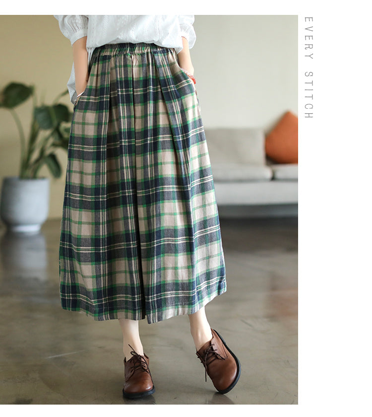 Vintage Cotton and Linen Check Elastic High Waist Plus Size A-Line Skirt