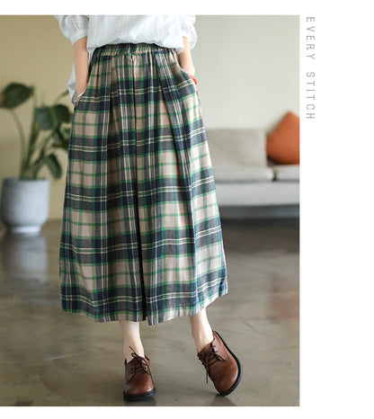 Vintage Cotton and Linen Check Elastic High Waist Plus Size A-Line Skirt