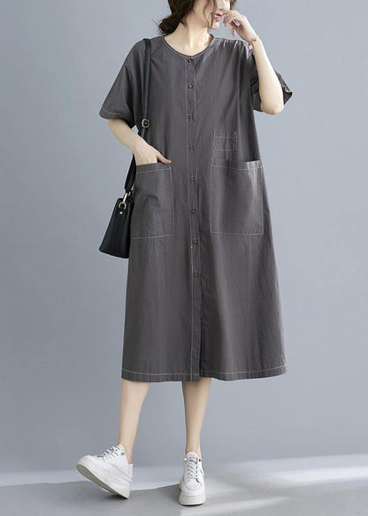 Classy Grey Button Cotton O-Neck Summer Maxi Dresses