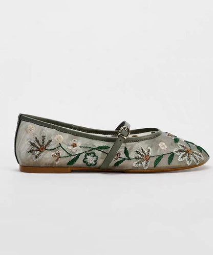 Women Splicing Flat Shoes Green Breathable Mesh Embroidered