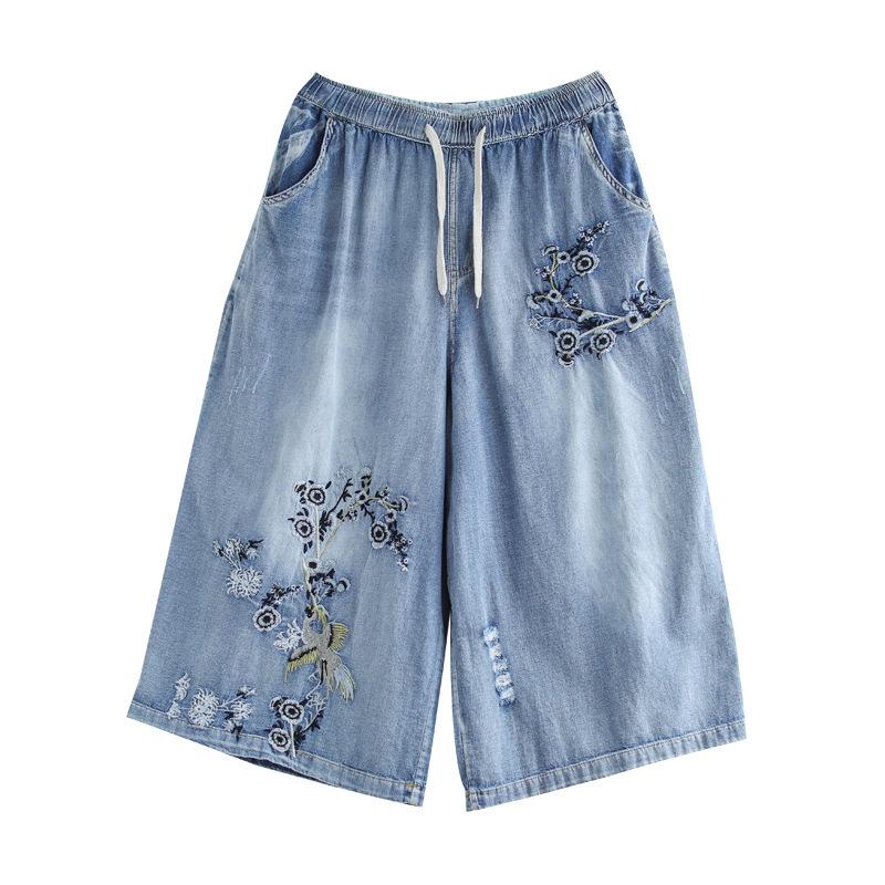 Retro Jeans Embroidered Cropped Wide-Leg Pants