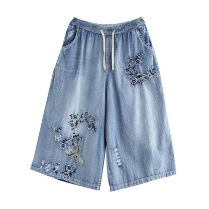 Retro Jeans Embroidered Cropped Wide-Leg Pants