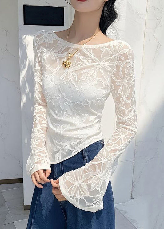 White Jacquard Slim Fit Tulle T Shirts Asymmetrical Flare Sleeve