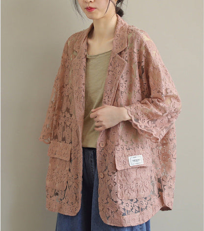 Loose Lace Embroidered Suit Collar Casual Slim Coat