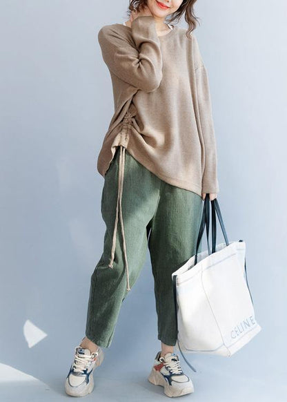 Chunky o neck khaki knit sweat tops fall fashion drawstring knit