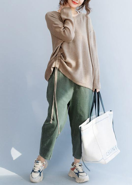 Chunky o neck khaki knit sweat tops fall fashion drawstring knit