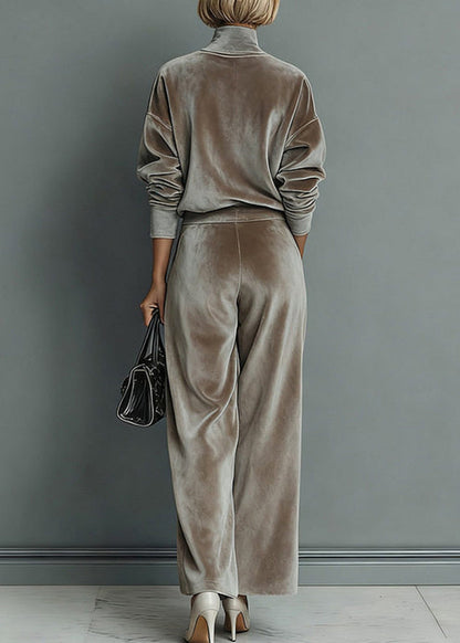 Loose Grey Turtleneck Patchwork pullover And Wide Leg Pants Two Pieces Set Spring