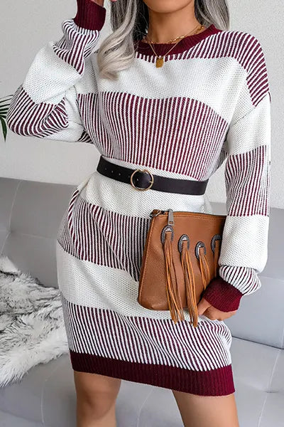 Elegant Striped Split Joint  Contrast O Neck Dresses Sweater  (Without Belt)