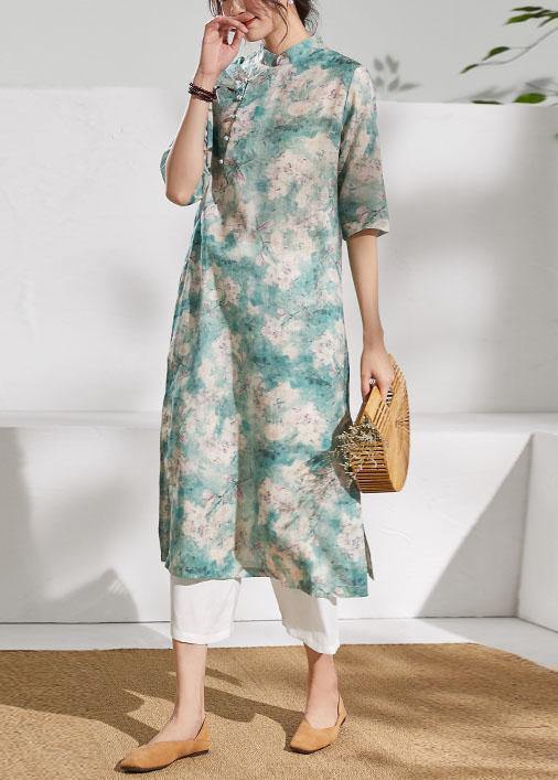 Classy stand collar half sleeve linen summer dresses Outfits green print Dress