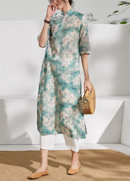 Classy stand collar half sleeve linen summer dresses Outfits green print Dress