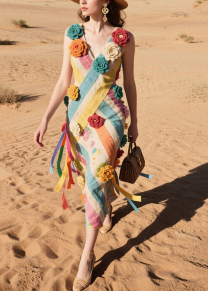 Chic Multicolor Striped Knitted Flower Cotton Cami Dresses Summer