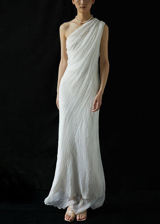 Art White Cold Shoulder Wrinkled Solid Silk Maxi Dress Summer