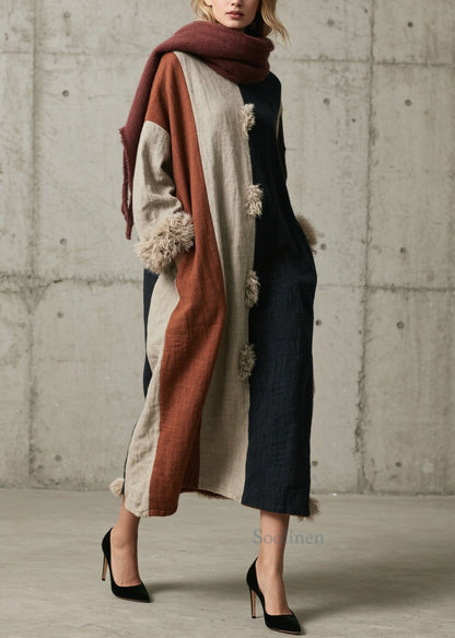 Women Colorblock Fuzzy Fur Fluffy Patchwork Cotton Dress Fall