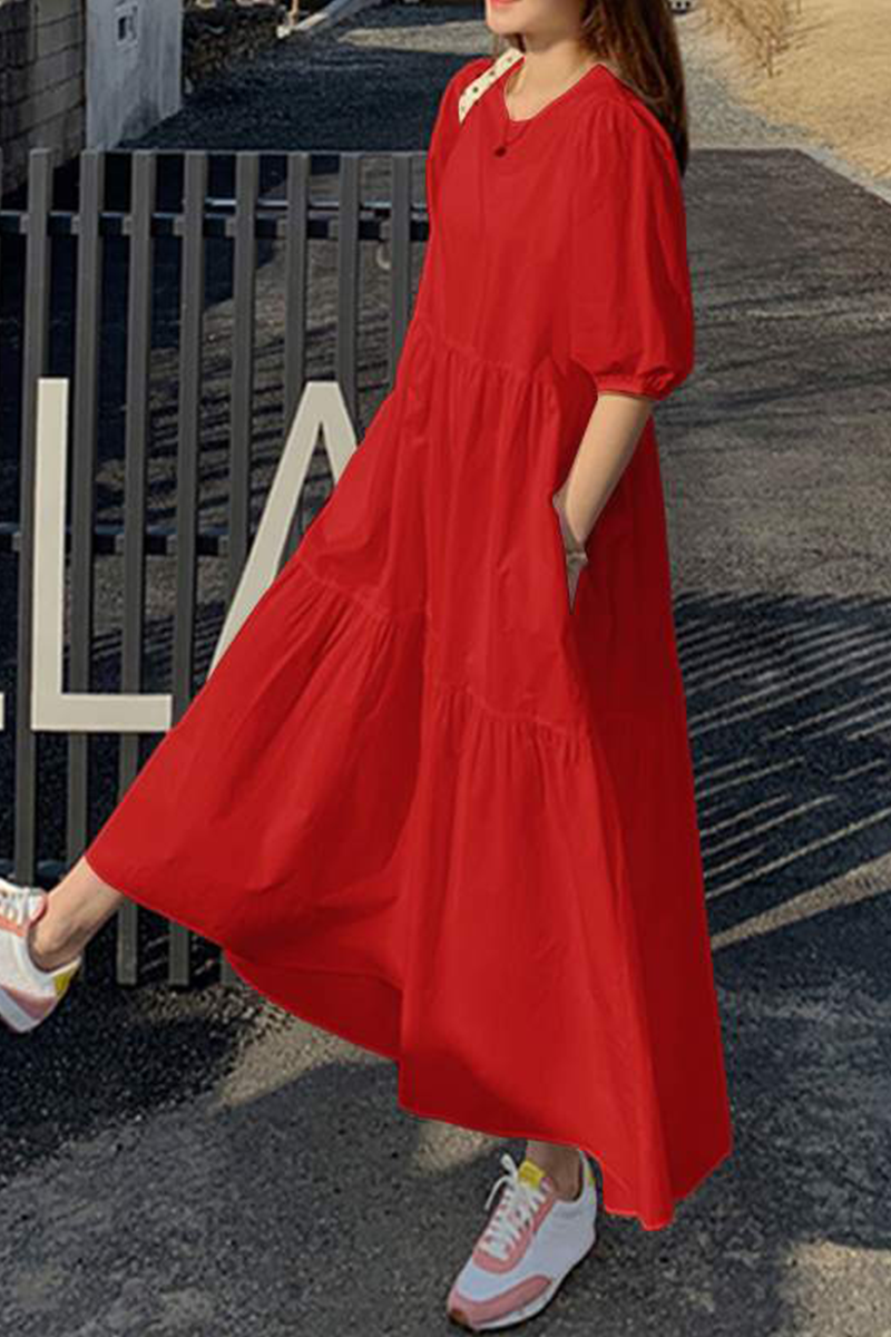 Casual Solid Patchwork Buttons O Neck Cake  Dresses