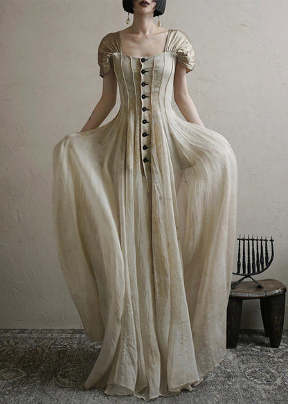 Vintage Square Collar Button Long Dress Summer