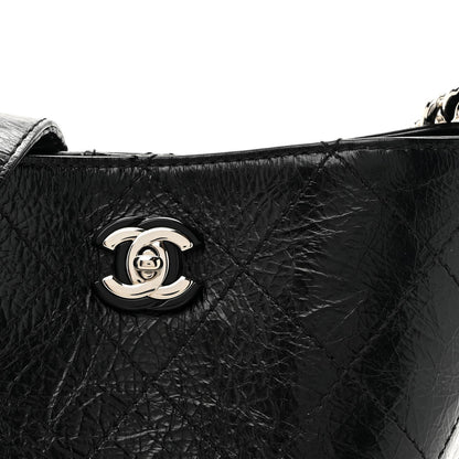 Crumpled Calfskin Quilted Chain Drawstring Bucket Bag Black