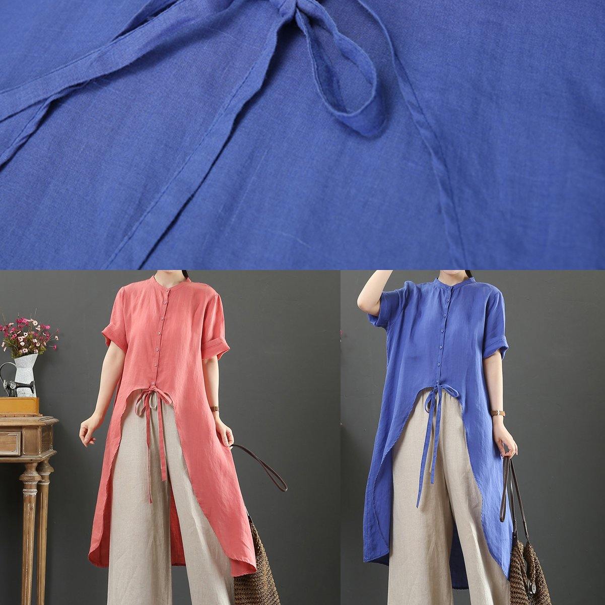 Women blue linen clothes stand collar asymmetric Knee blouses