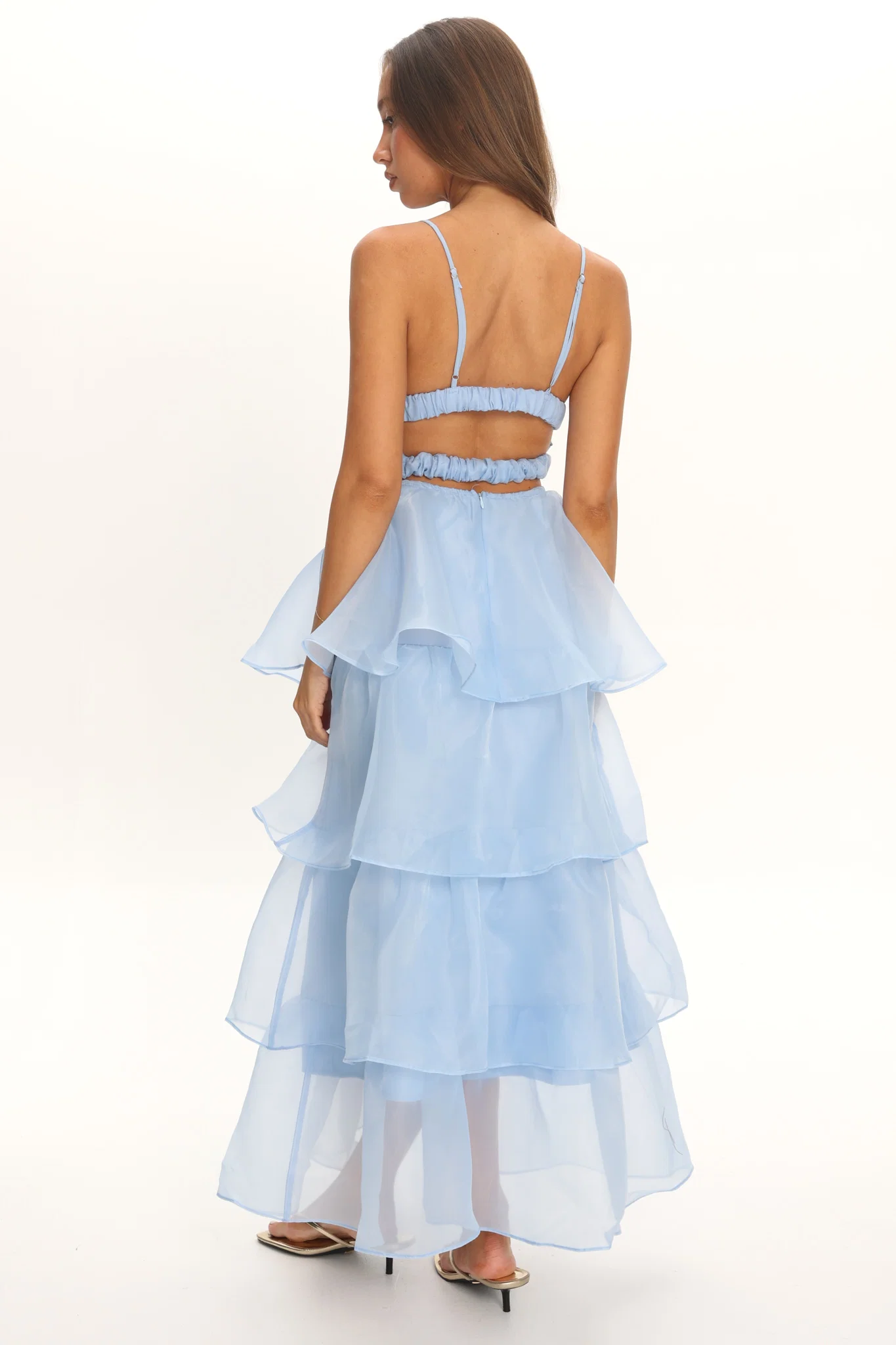 Light Blue V-Neck Spaghetti Strap Open Back Tiered Ruffle Cake Maxi Dress