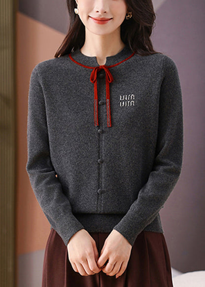 Women Dark Gray O Neck Lace Up Woolen Short Sweater Winter