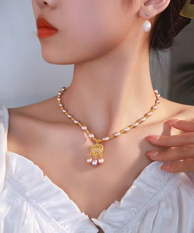 Fashion Light Purple Sterling Silver Overgild Pearl Safe Lock Pendant Necklace