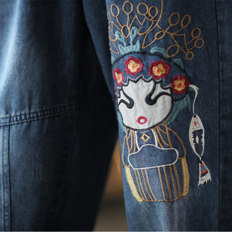 Retro Embroidery Summer Autumn Casual Cotton Jeans