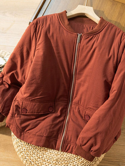 100% Natural Fabric Solid Zipper Round Neck Long Sleeve Coat