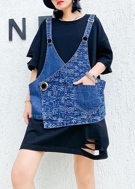 Hole white short-sleeved t-shirt female loose summer large size shirt denim vest suit two-piece suit