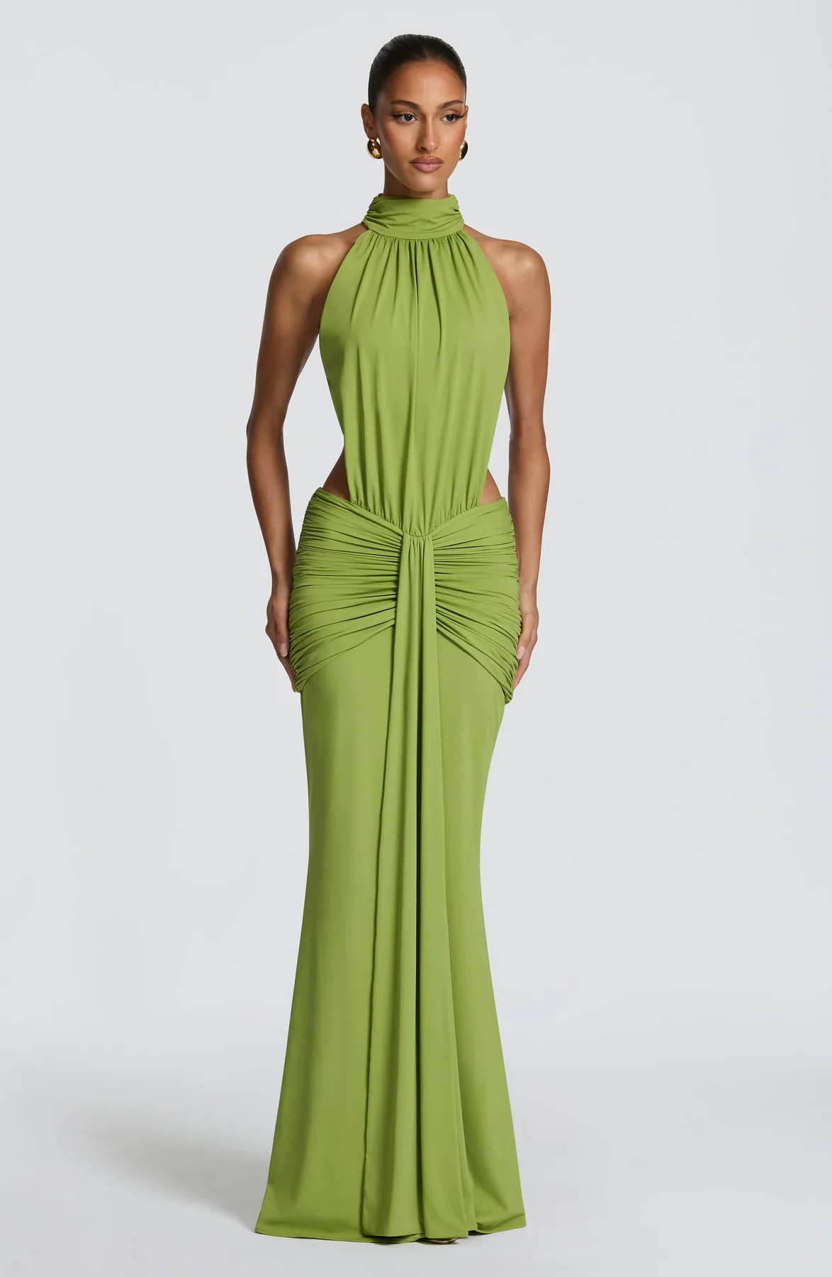 Halter Cutout Ruched Waist Mermaid Maxi Evening Dress