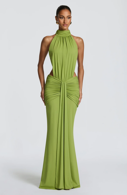 Halter Cutout Ruched Waist Mermaid Maxi Evening Dress