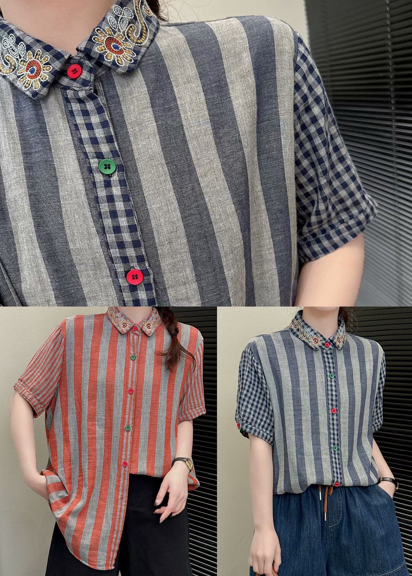 Fashion Orange Embroidered Striped Linen Blouses Summer