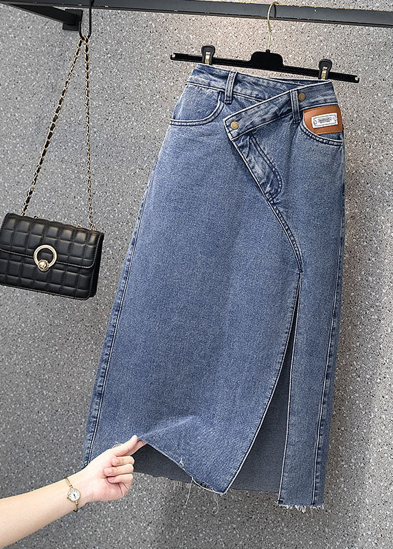 Style Denim Light Blue High Waist Side Open Button Asymmetrical Pockets Cotton A Line Skirts Cozy