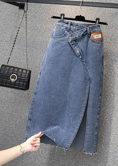 Style Denim Light Blue High Waist Side Open Button Asymmetrical Pockets Cotton A Line Skirts Cozy