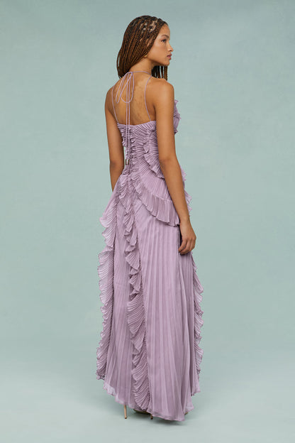Pleated Frill Halter Neck Midi Dress