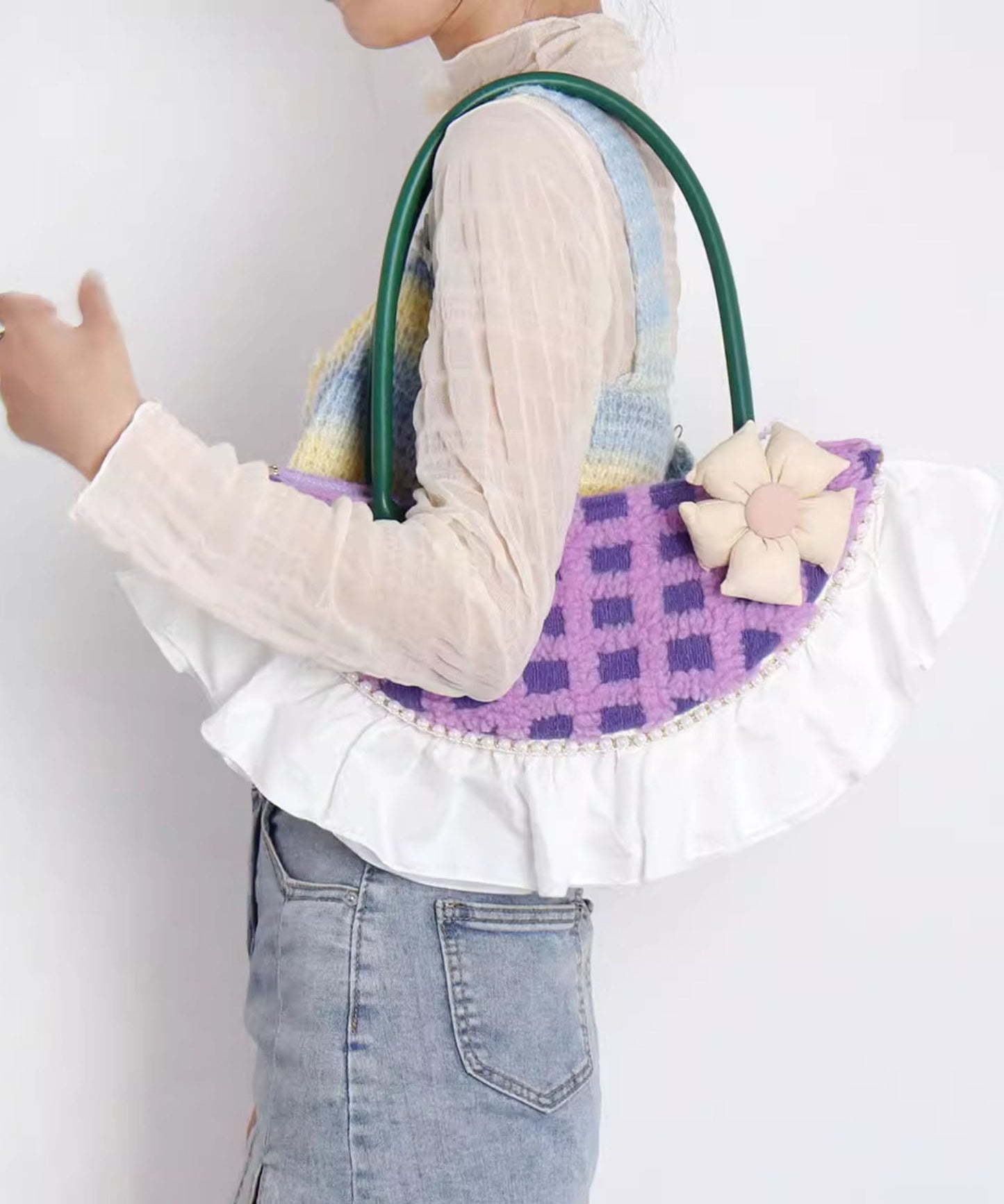 Vintage Fan-shaped Patchwork Ruffles Wool Tote Bag