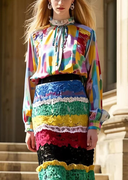 Silm Fit Polychrome Wraped Patchwork Lace Skirt Spring