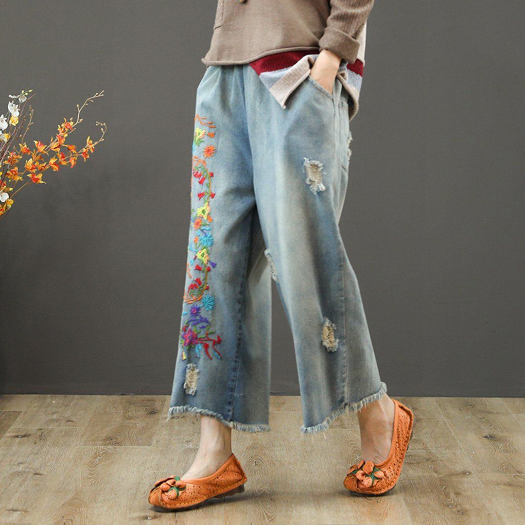 Embroidery Elastic Waist Ragged Jeans