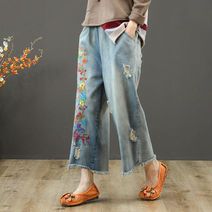 Embroidery Elastic Waist Ragged Jeans
