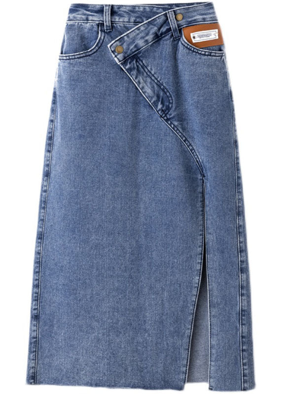 Style Denim Light Blue High Waist Side Open Button Asymmetrical Pockets Cotton A Line Skirts Cozy