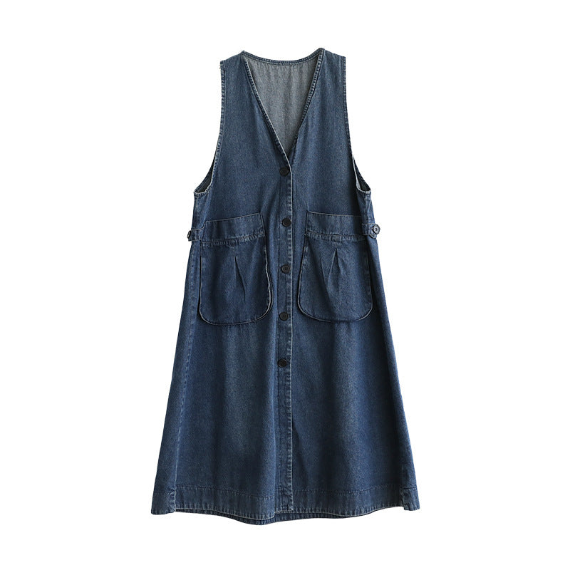 Mid Length Sleeveless Large Pocket V-Neck Plus Size Dress