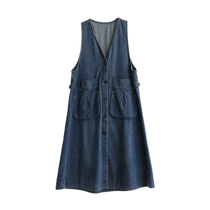 Mid Length Sleeveless Large Pocket V-Neck Plus Size Dress