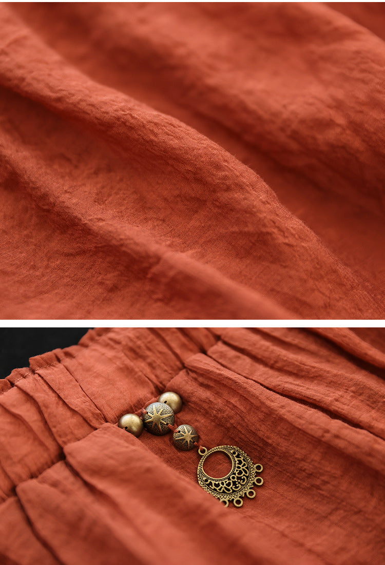 Literary High Waist Double Layer Tencel Linen Stitching Slim Skirt
