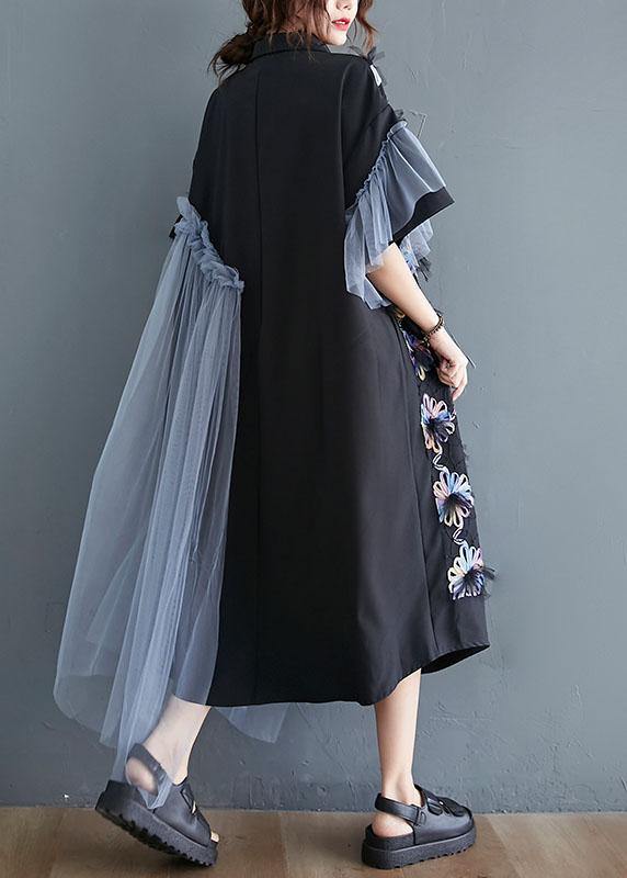 Casual Black Patchwork Tulle Peter Pan Collar Summer Button Dresses Half Sleeve