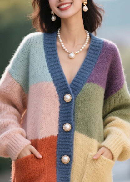 Plus Size Colorblock Button Pockets Patchwork Knit Cardigan Fall