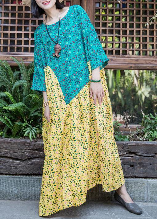 Elegant yellow blue print linen Robes o neck patchwork Traveling summer Dresses