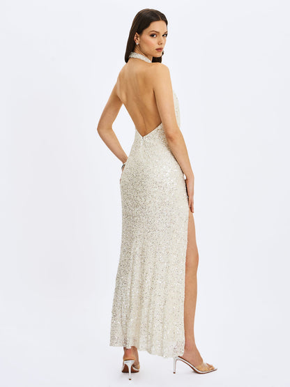 Sexy Halter Low-Cut Cinched High Slit Sequin Dress